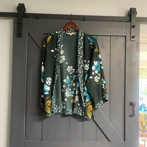 LOFT Teal Floral Open-Front Kimono